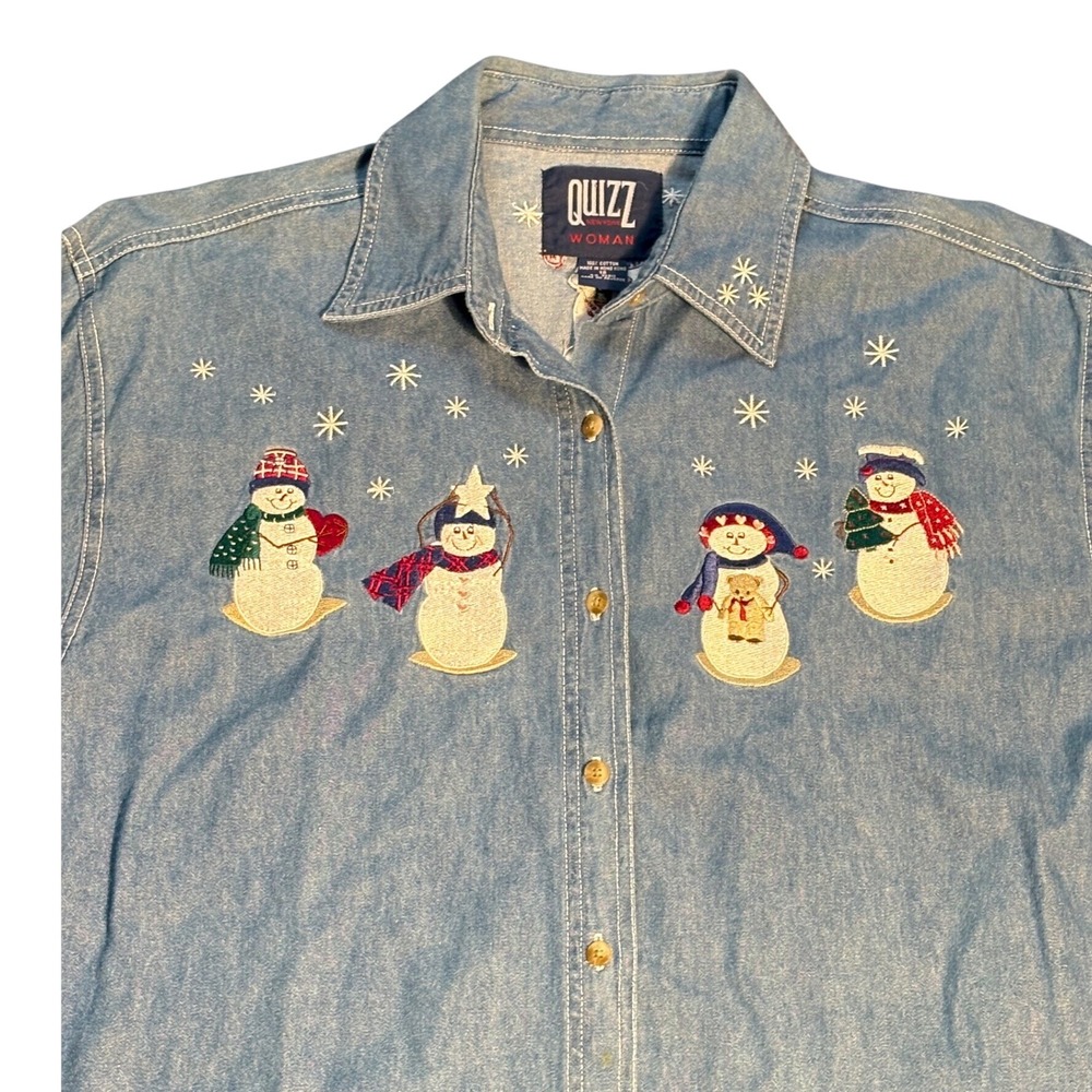 Womens Size 18 Denim Snowman Embroidered Button Up Shirt Blue Holiday Winter - Picture 2 of 9